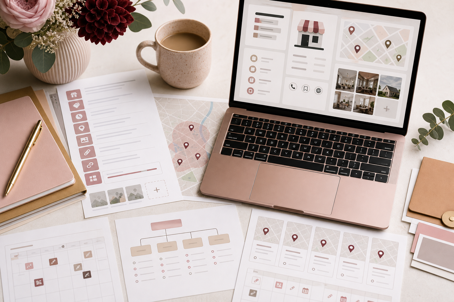 Boutique SEO desk with local search planning materials and abstract map pin diagrams